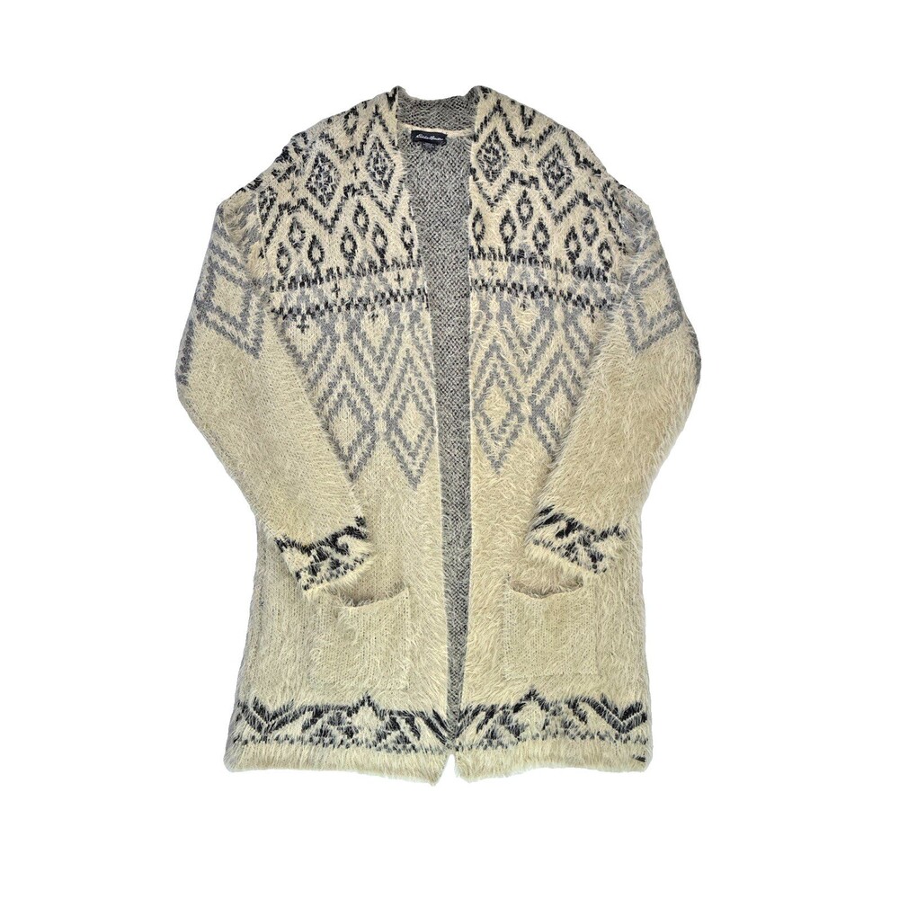 Eddie Bauer Eyelash Long Cardigan Sweater Sz XL Gray Tribal Pockets Western Boho